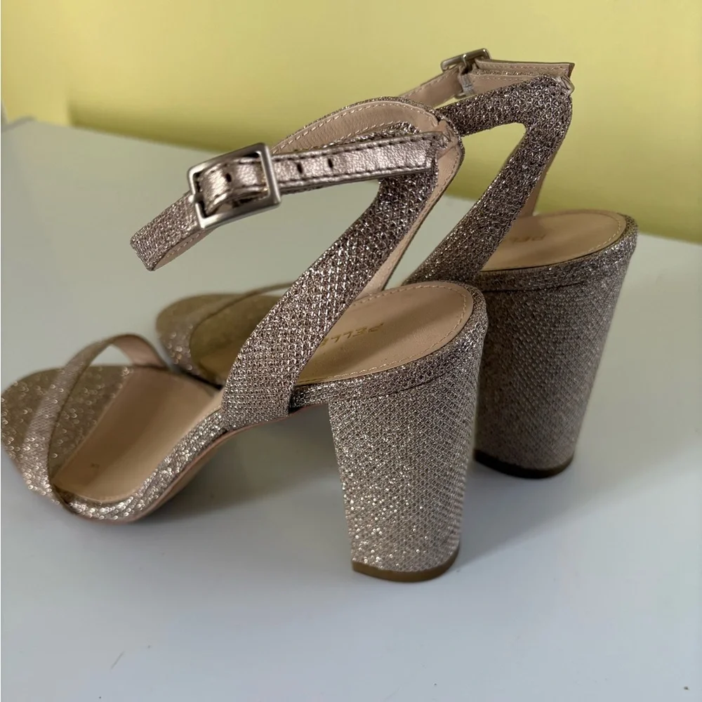 Pelle Moda Sparkly Ankle Strap Metallic Block Heels 9.5